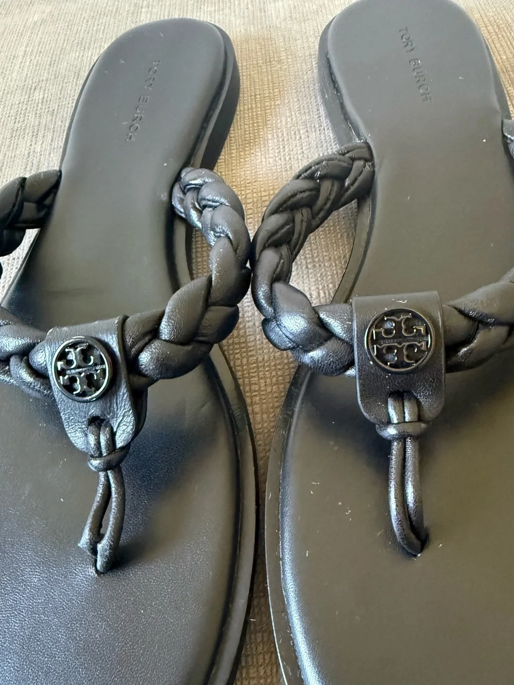 Tory Burch Braided Benton Leather Thong Sandals Black Size 9